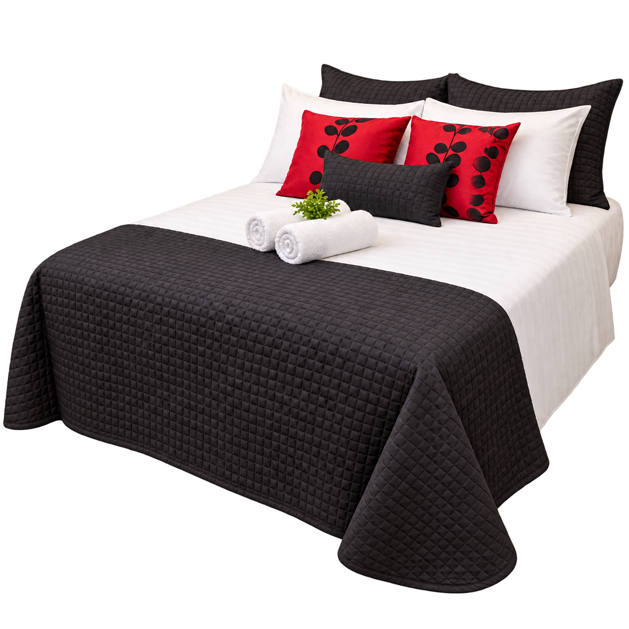 Cama da Casa 02 com roupa de cama branca, colcha escura e almofadas vermelhas