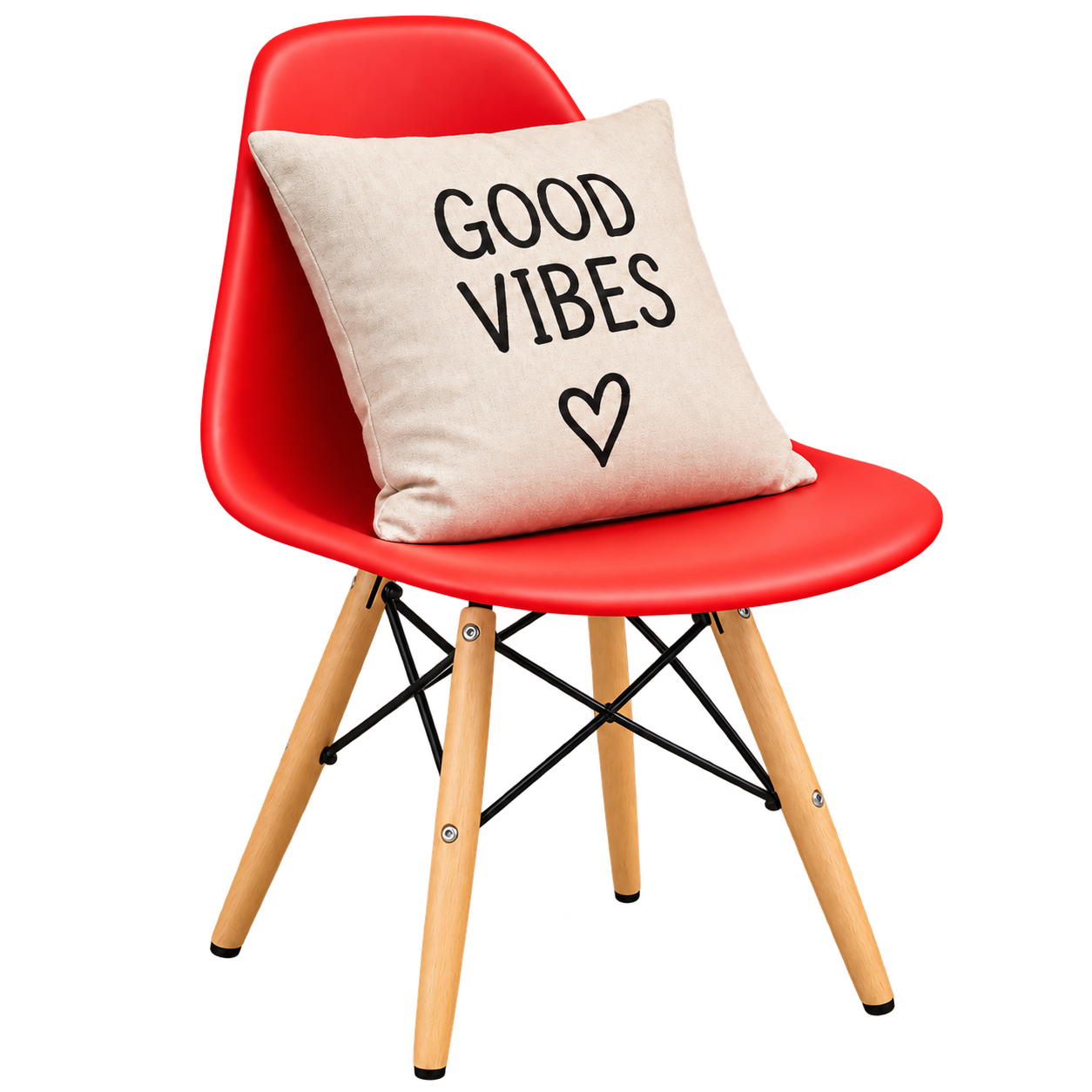 Cadeira vermelha da Casa 02 com almofada GOOD VIBES