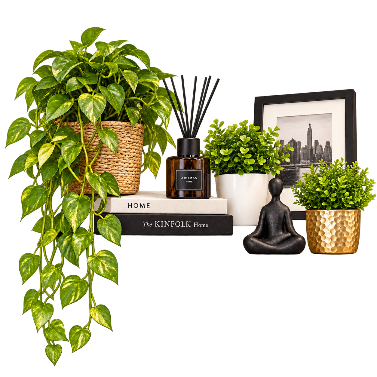 Plantas, livros, difusor e objetos decorativos da Casa 02