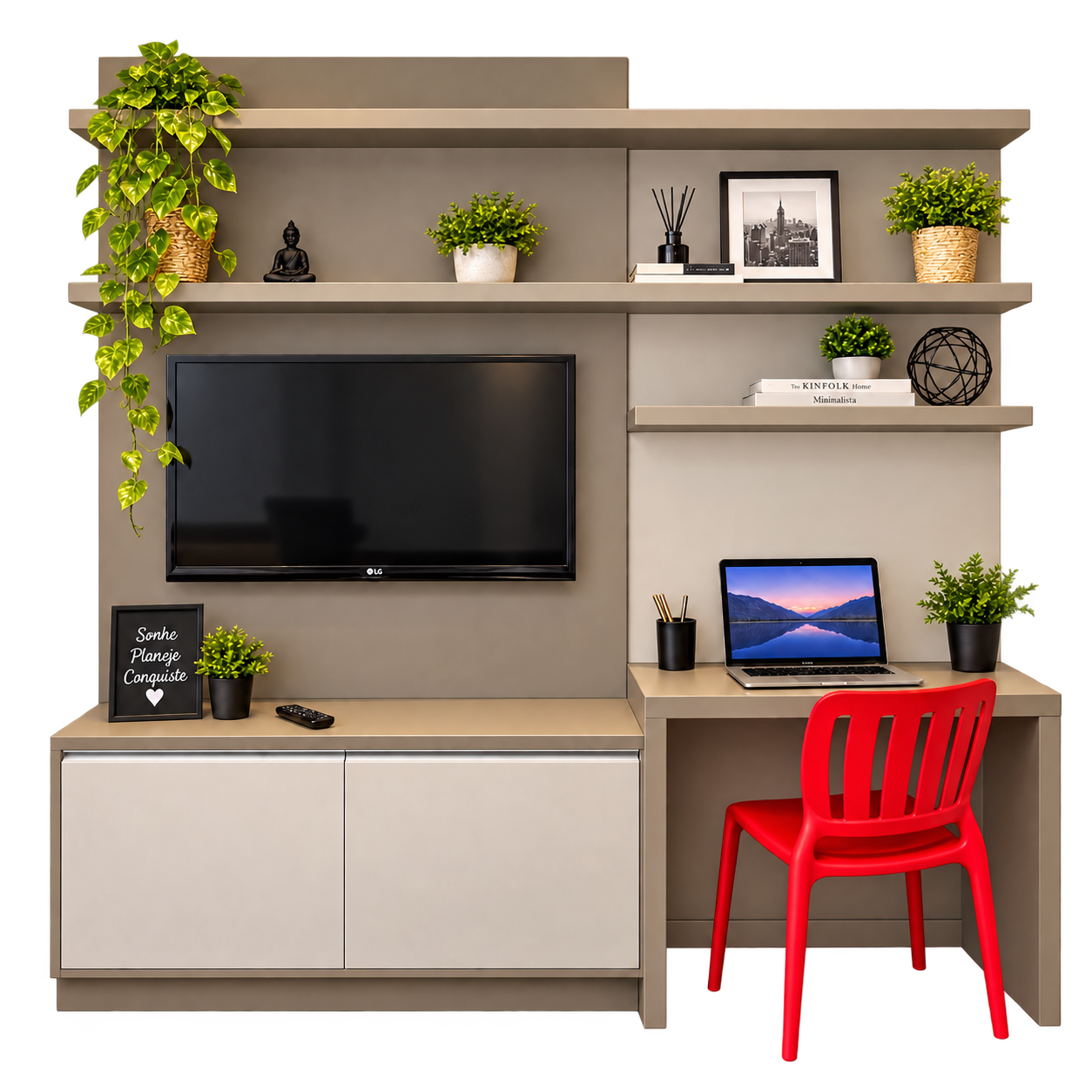 Painel de TV da Casa 02 com prateleiras, armário inferior e mesa de trabalho integrada