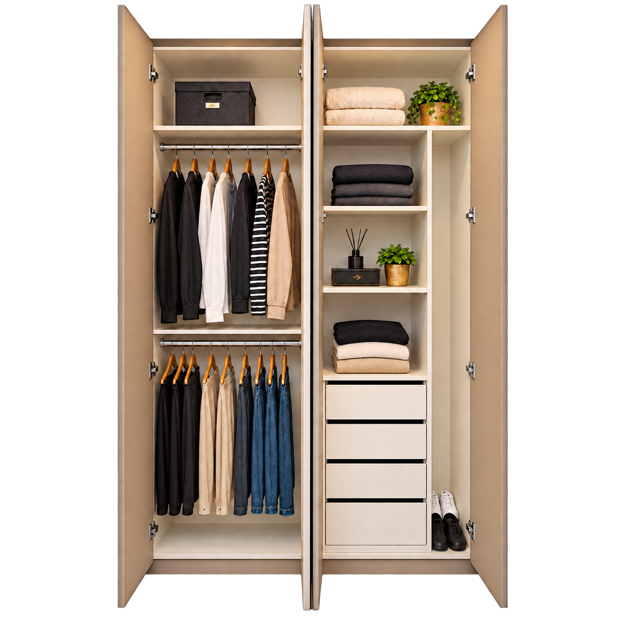 Interior do guarda-roupa da Casa 02 com cabideiros, prateleiras e gavetas