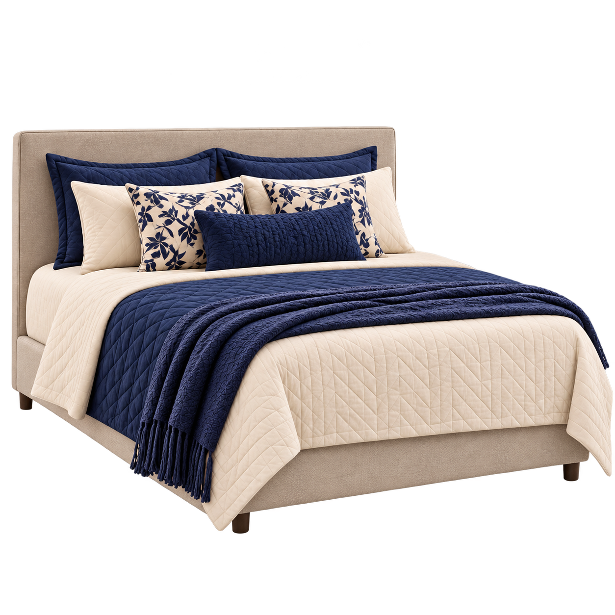 Composição do dormitório da Casa 03 com cama clara, almofadas e manta azul