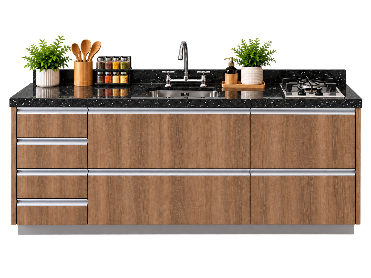 Bancada da cozinha da Casa 03 com armários amadeirados, cuba, cooktop e gavetas