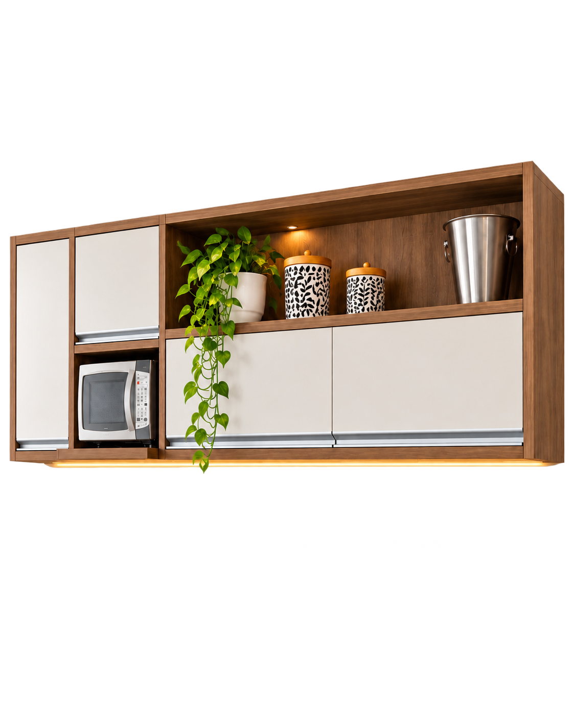 Armário aéreo da Casa 03 com portas claras, nicho amadeirado, micro-ondas e iluminação