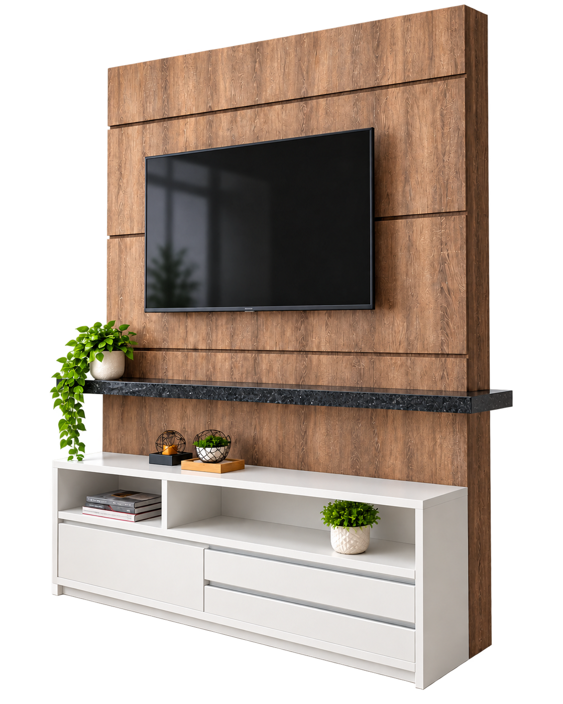 Painel de TV amadeirado da Casa 03 com móvel inferior claro e decoração