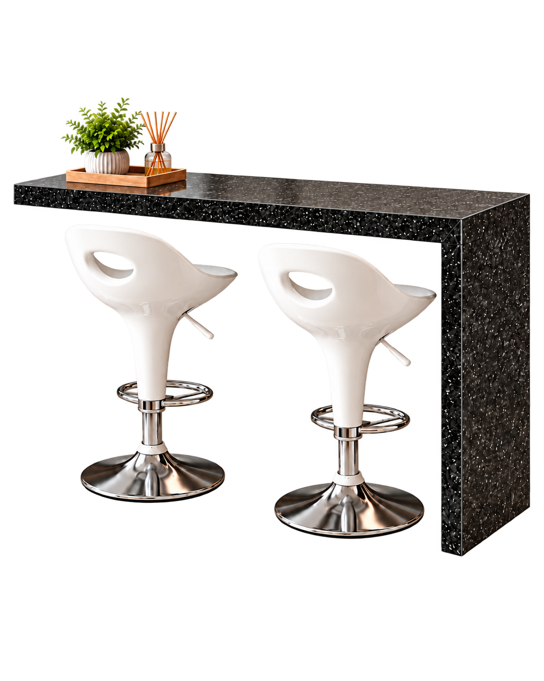Bancada de pedra escura com lateral à direita e duas banquetas brancas na Casa 03