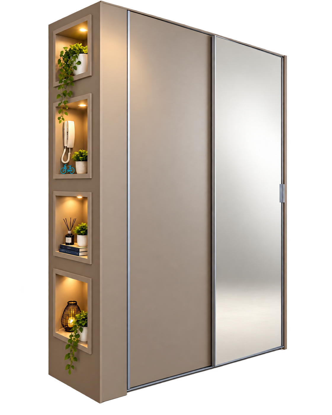 Guarda-roupa da Casa 03 com portas de correr, espelho e nichos laterais iluminados